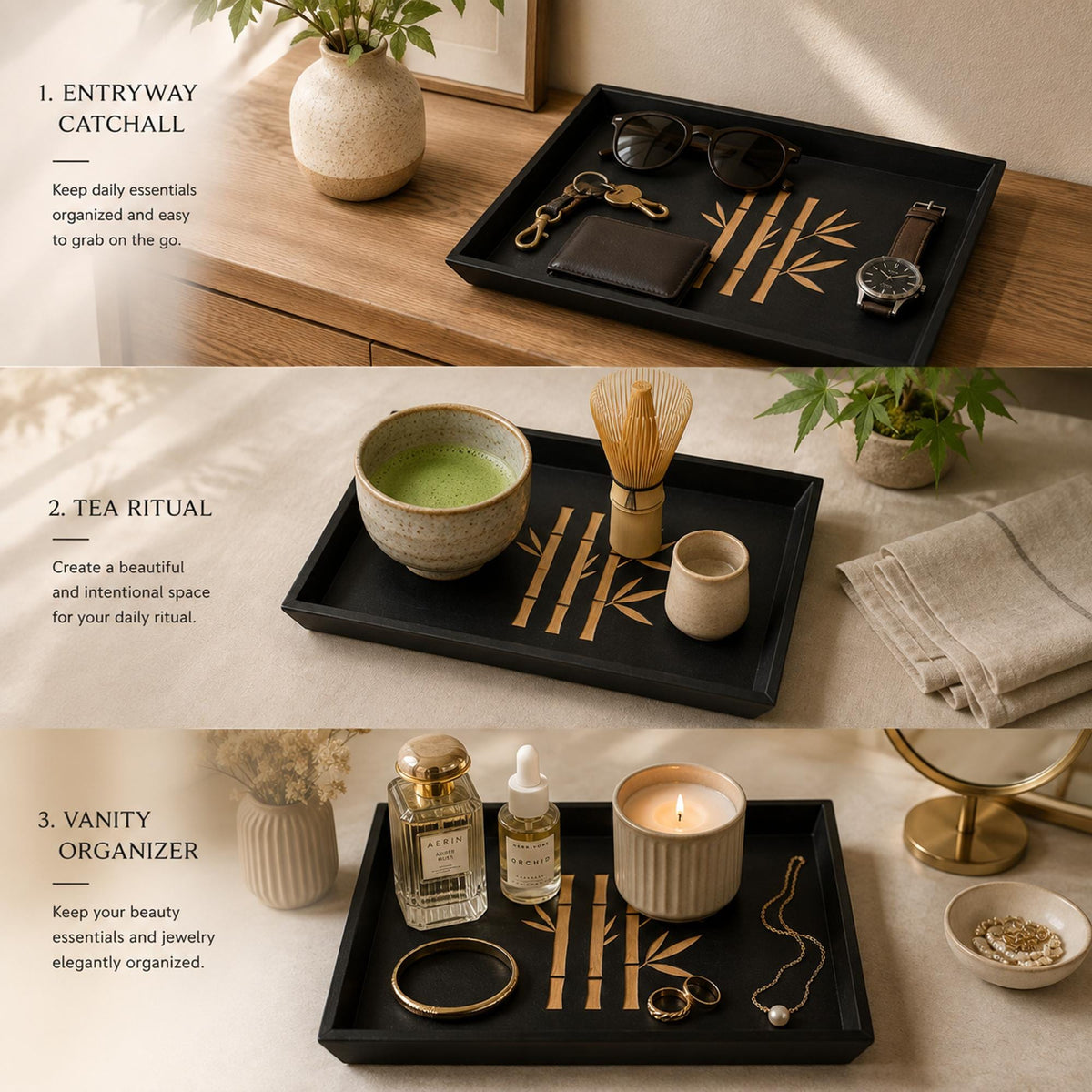 Bamboo Decorative Tray | Japanese Catchall Tray| Entryway Key Tray and Coffee Table Accent | Black & Tan | 3 Sizes