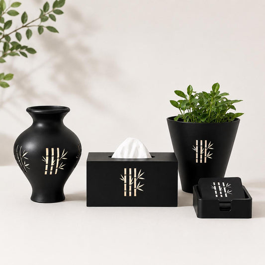 Japanese Home Decor Set | Bamboo Vase, Cachepot, Tissue Box & Coasters | Japandi Gift