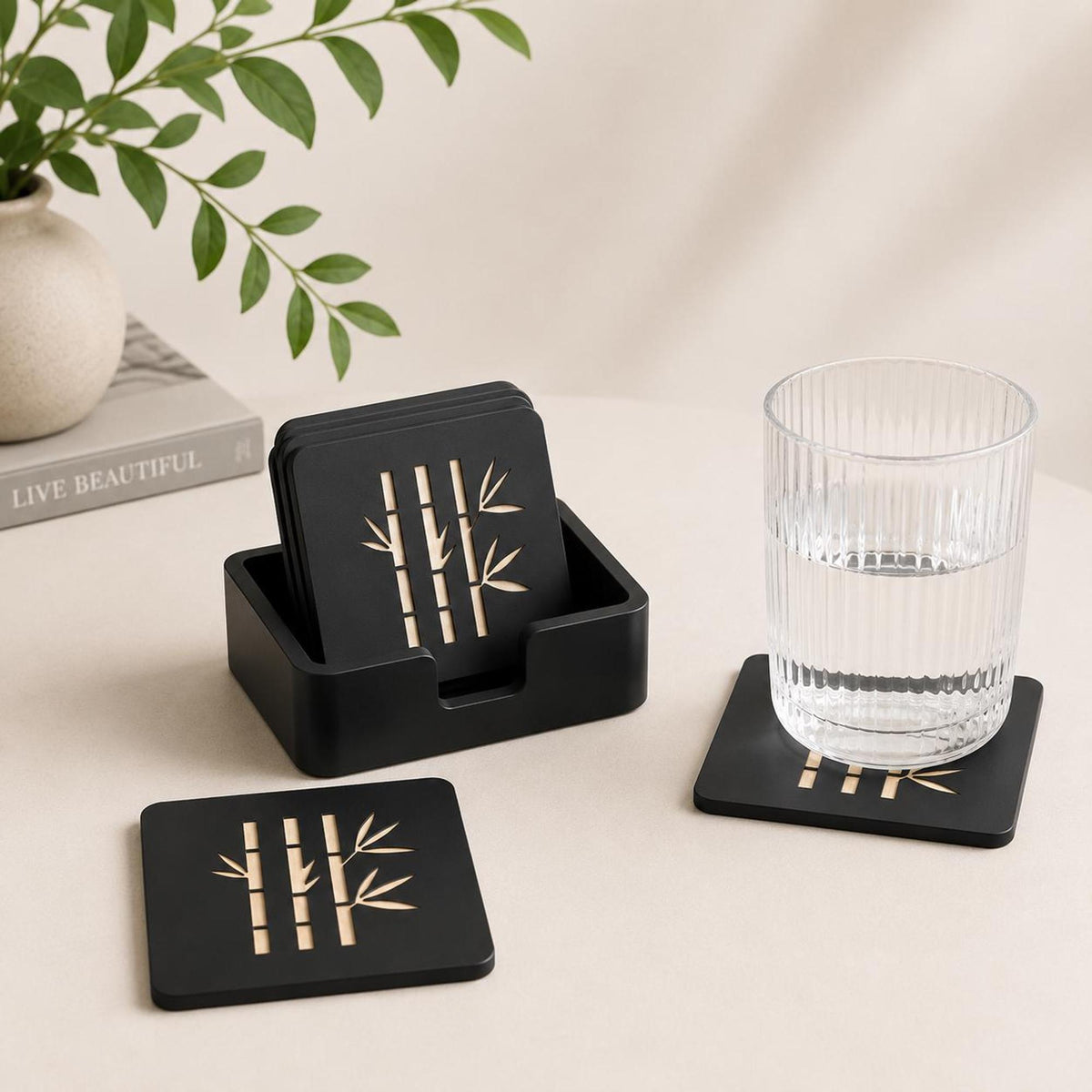 Japanese Home Decor Set | Bamboo Vase, Cachepot, Tissue Box & Coasters | Japandi Gift