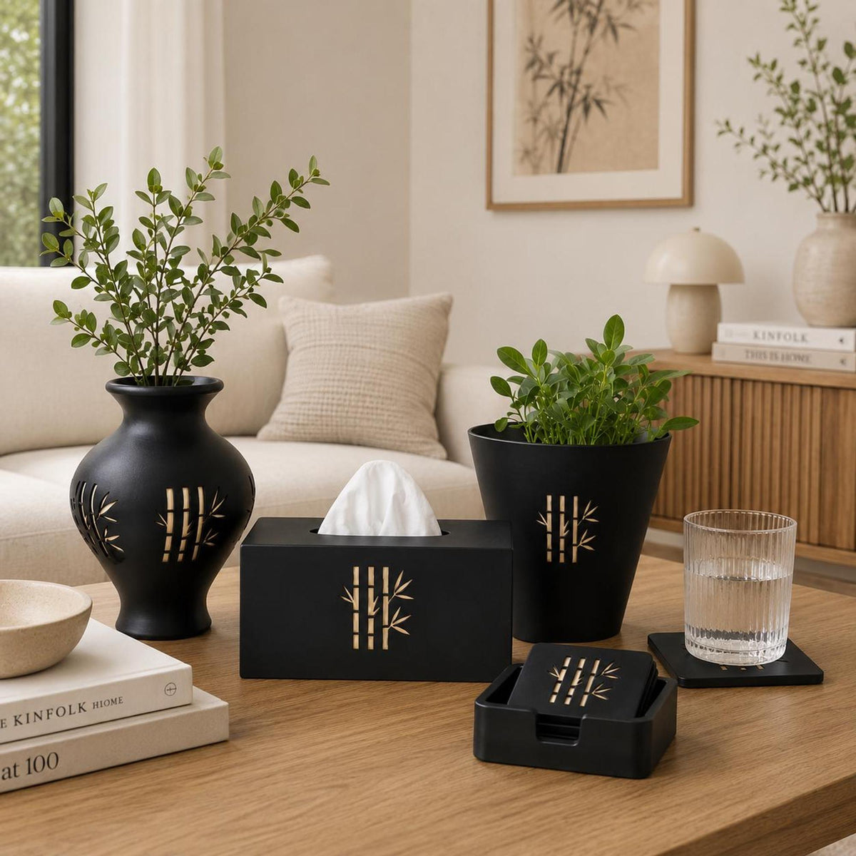 Japanese Home Decor Set | Bamboo Vase, Cachepot, Tissue Box & Coasters | Japandi Gift