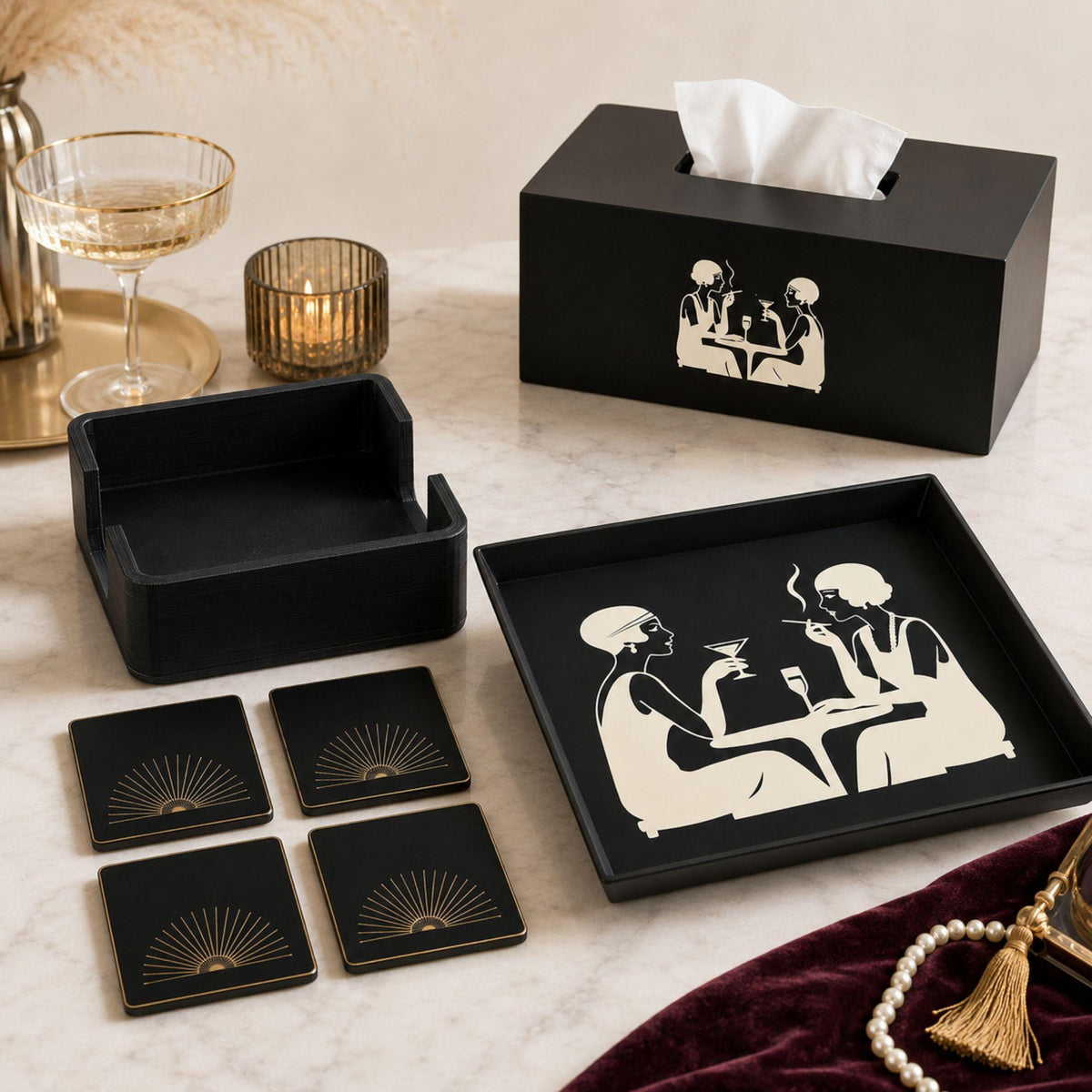 Art Deco Speakeasy Decor Set | Flapper Tissue Box Cover, Tray, Coasters & Holder | Gatsby Bathroom Bar Cart Gift