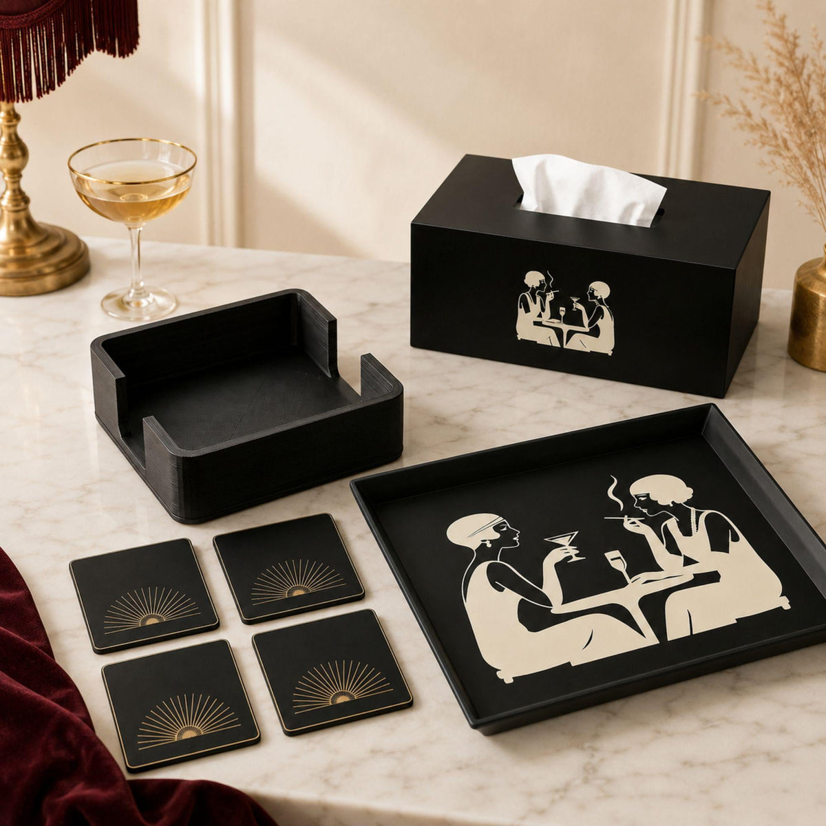 Art Deco Speakeasy Decor Set | Flapper Tissue Box Cover, Tray, Coasters & Holder | Gatsby Bathroom Bar Cart Gift