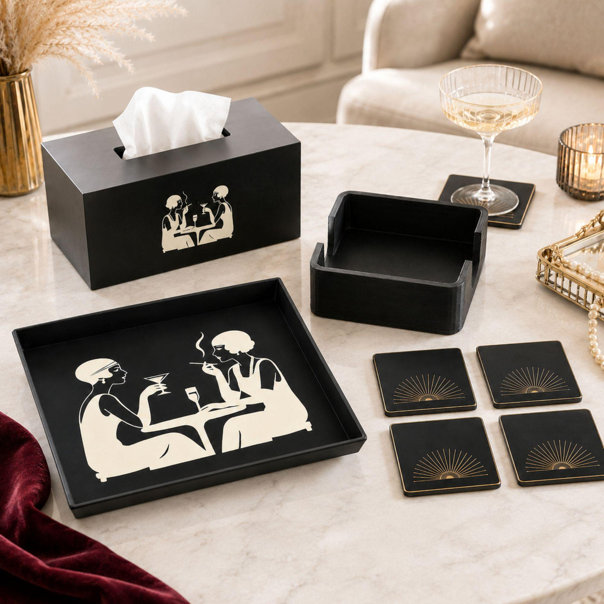 Art Deco Speakeasy Decor Set | Flapper Tissue Box Cover, Tray, Coasters & Holder | Gatsby Bathroom Bar Cart Gift
