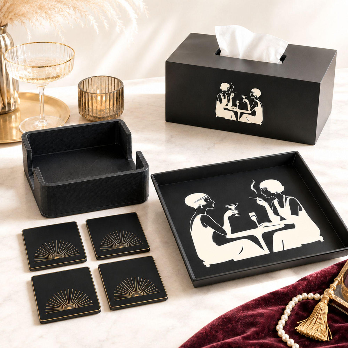 Art Deco Speakeasy Decor Set | Flapper Tissue Box Cover, Tray, Coasters & Holder | Gatsby Bathroom Bar Cart Gift