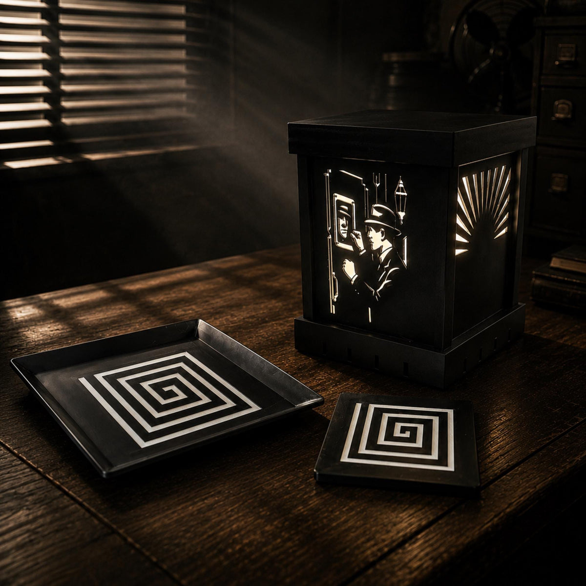 Noir Detective Study Set | Art Deco Noir Table Light, Labyrinth Tray & Spiral Coasters | Film Noir Office Decor Gift