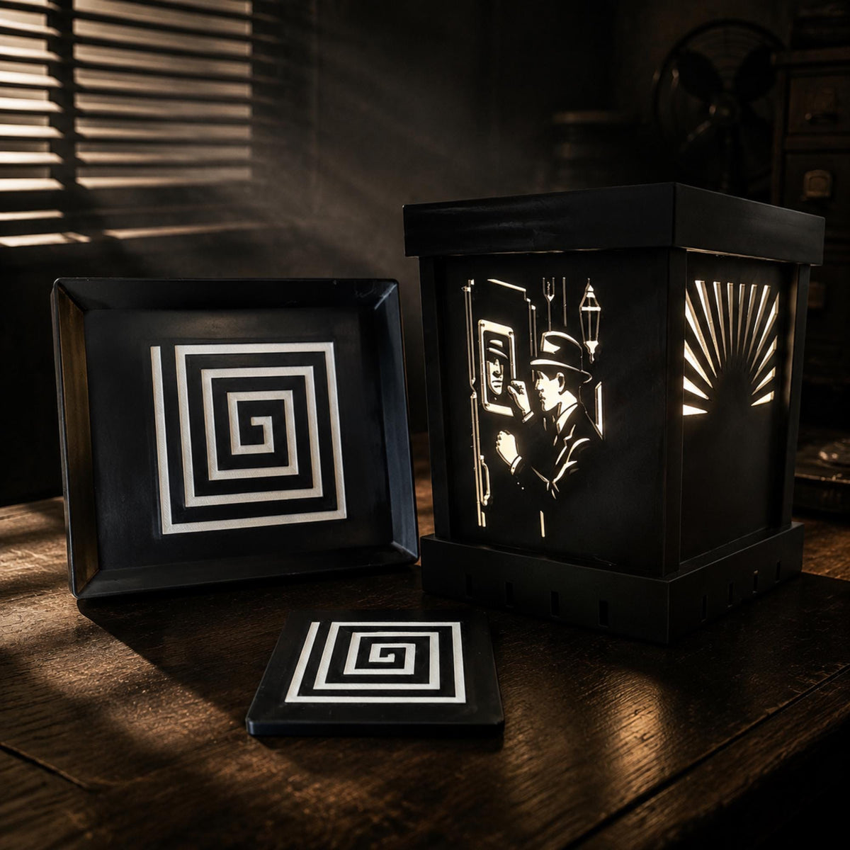 Noir Detective Study Set | Art Deco Noir Table Light, Labyrinth Tray & Spiral Coasters | Film Noir Office Decor Gift