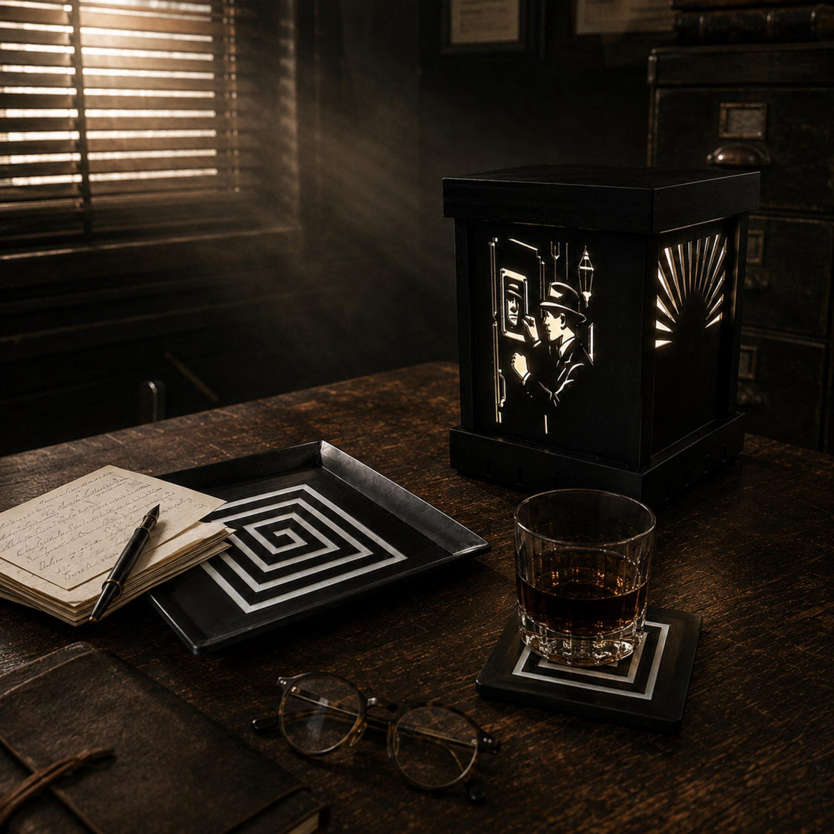 Noir Detective Study Set | Art Deco Noir Table Light, Labyrinth Tray & Spiral Coasters | Film Noir Office Decor Gift