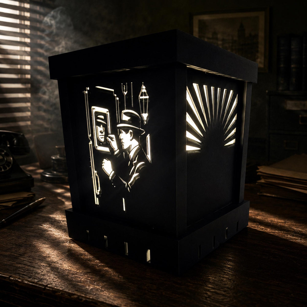 Noir Detective Study Set | Art Deco Noir Table Light, Labyrinth Tray & Spiral Coasters | Film Noir Office Decor Gift