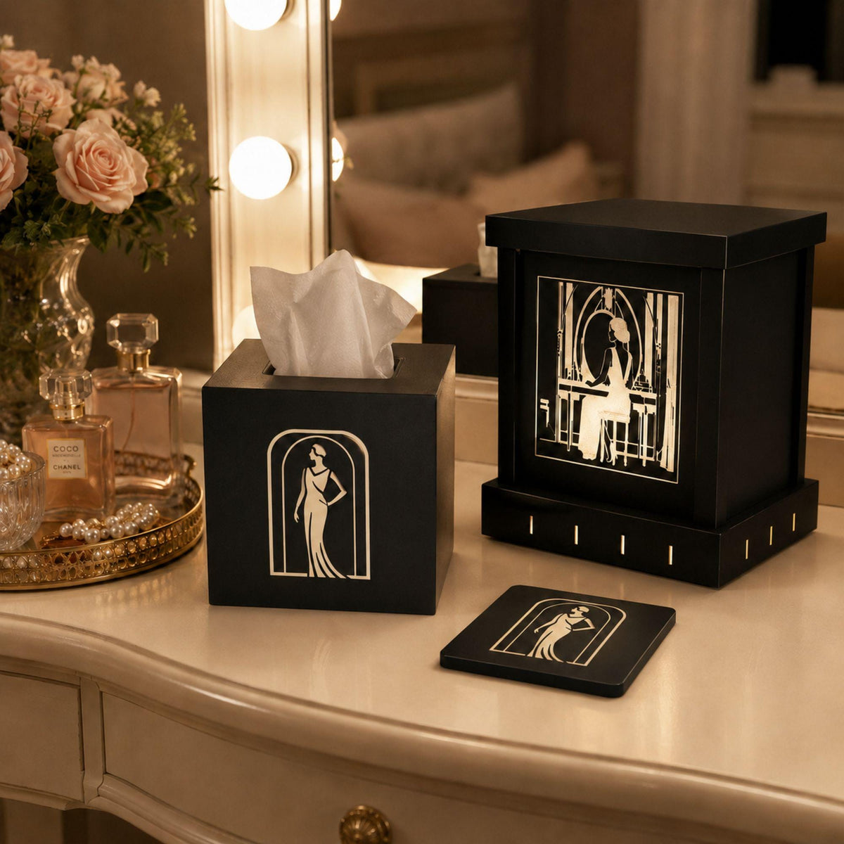 Boudoir Vanity Set | Art Deco Vanity Lamp, Tissue Box Cover & Lady in Black Coaster | Glam Dressing Table Decor Gift
