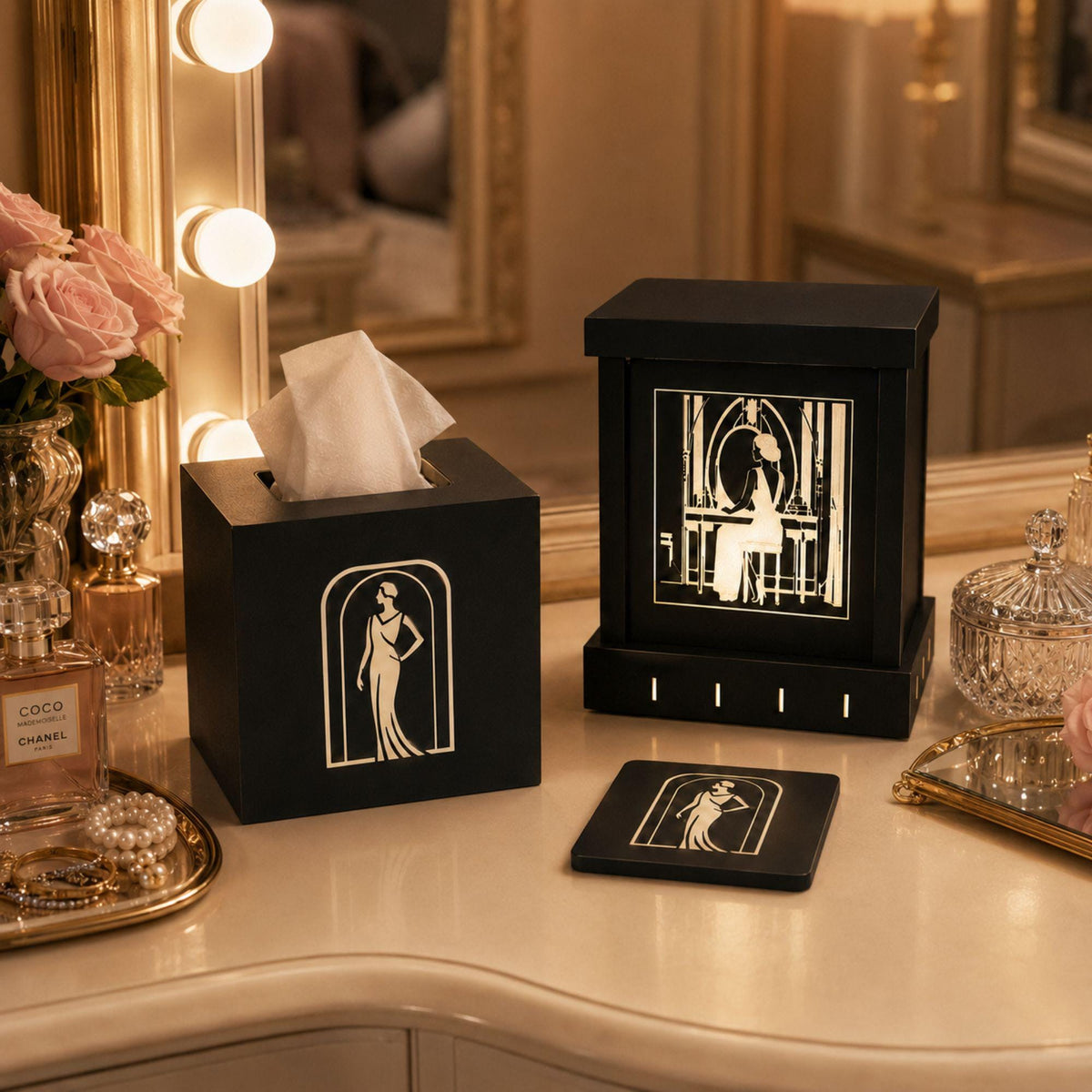Boudoir Vanity Set | Art Deco Vanity Lamp, Tissue Box Cover & Lady in Black Coaster | Glam Dressing Table Decor Gift