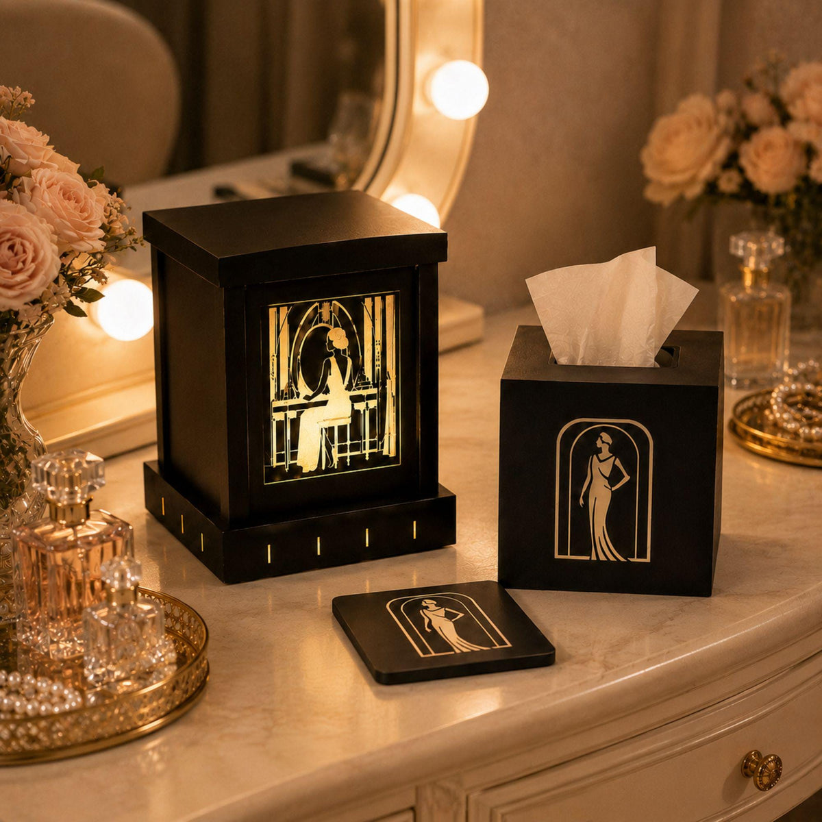 Boudoir Vanity Set | Art Deco Vanity Lamp, Tissue Box Cover & Lady in Black Coaster | Glam Dressing Table Decor Gift