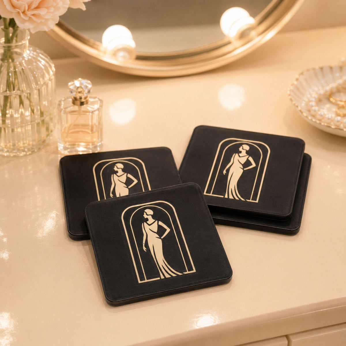 Boudoir Vanity Set | Art Deco Vanity Lamp, Tissue Box Cover & Lady in Black Coaster | Glam Dressing Table Decor Gift