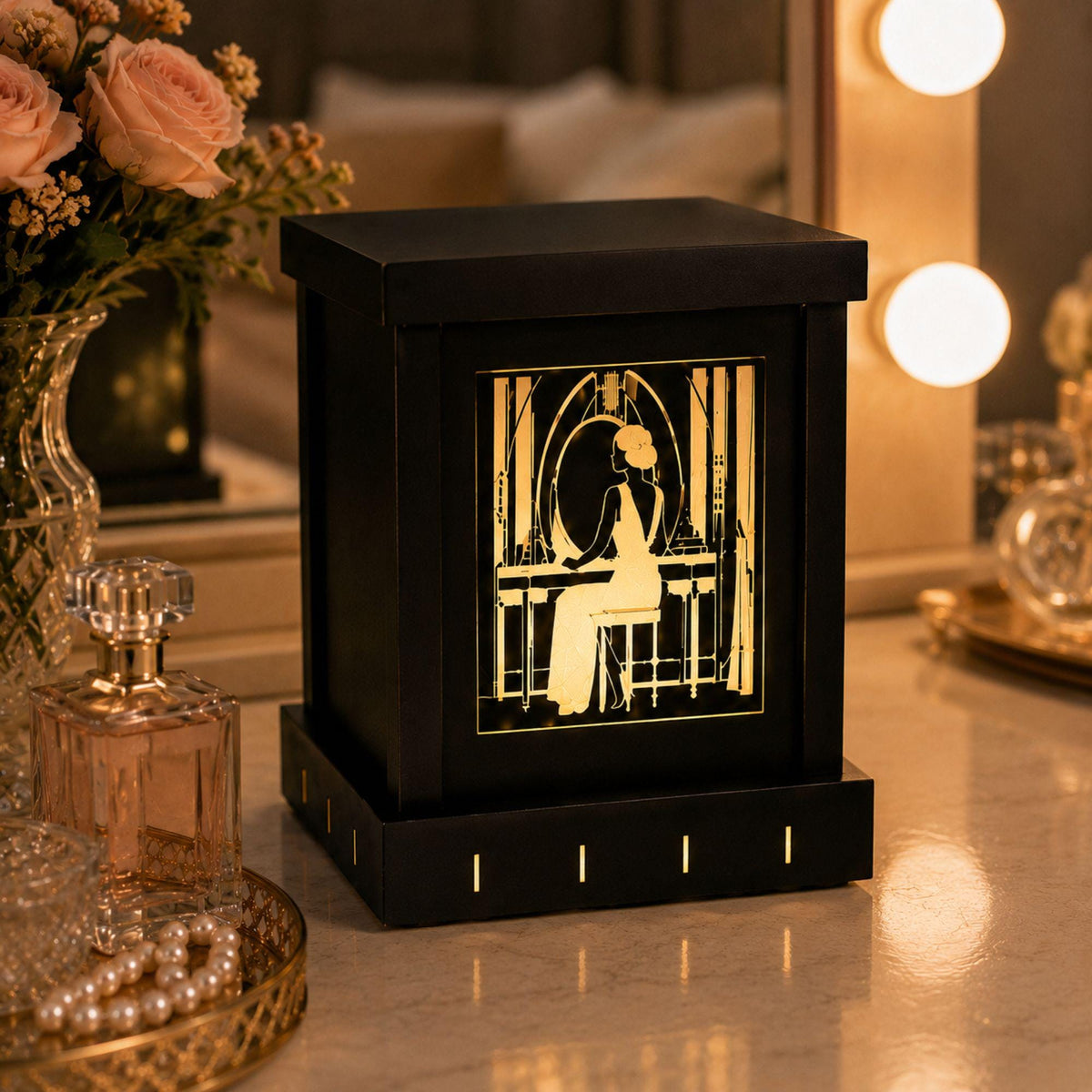 Boudoir Vanity Set | Art Deco Vanity Lamp, Tissue Box Cover & Lady in Black Coaster | Glam Dressing Table Decor Gift