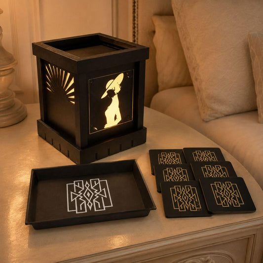 Parisian Glam Nightlight Set | Art Deco Dimmable Noir Lamp, Lattice Tray & Coasters | Romantic Bedroom Gift