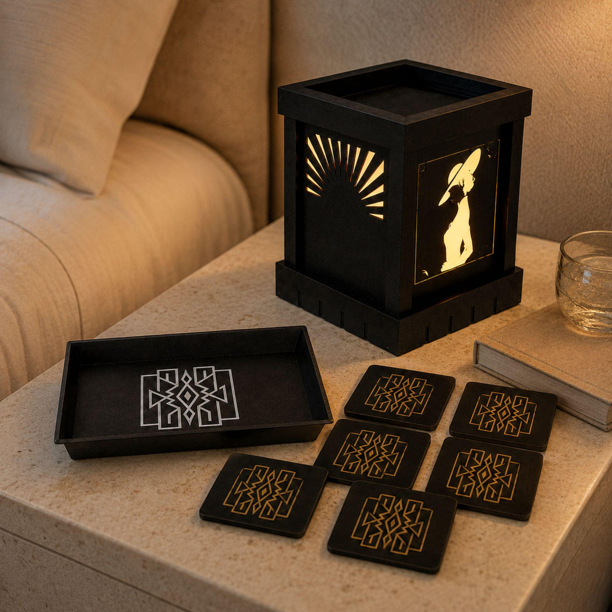 Parisian Glam Nightlight Set | Art Deco Dimmable Noir Lamp, Lattice Tray & Coasters | Romantic Bedroom Gift