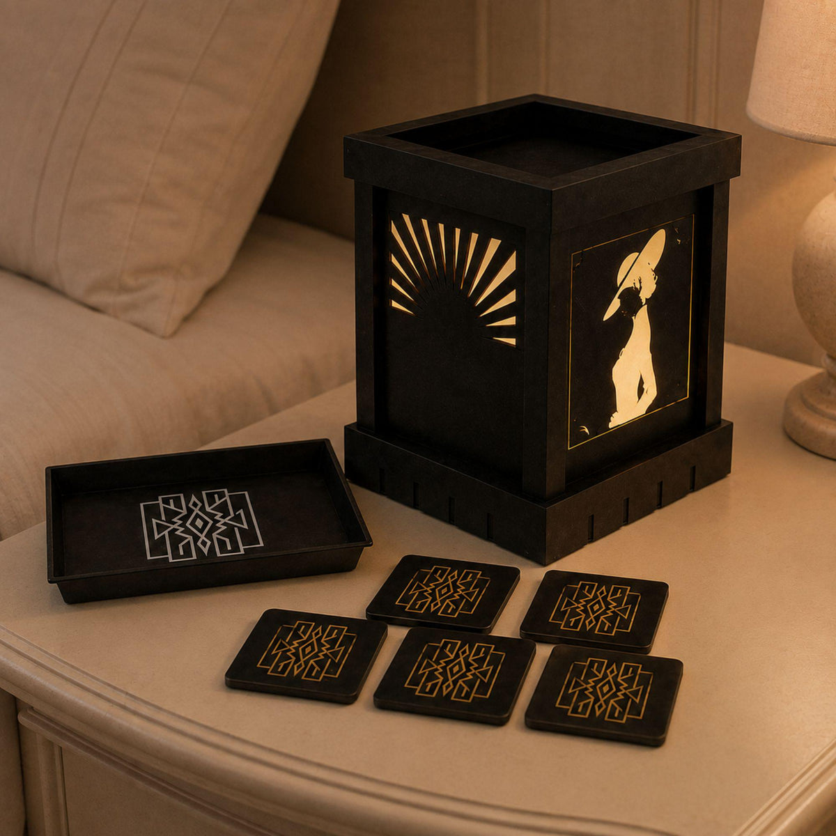 Parisian Glam Nightlight Set | Art Deco Dimmable Noir Lamp, Lattice Tray & Coasters | Romantic Bedroom Gift