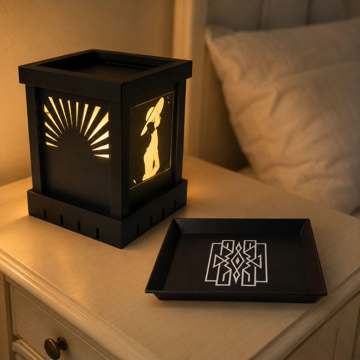 Parisian Glam Nightlight Set | Art Deco Dimmable Noir Lamp, Lattice Tray & Coasters | Romantic Bedroom Gift
