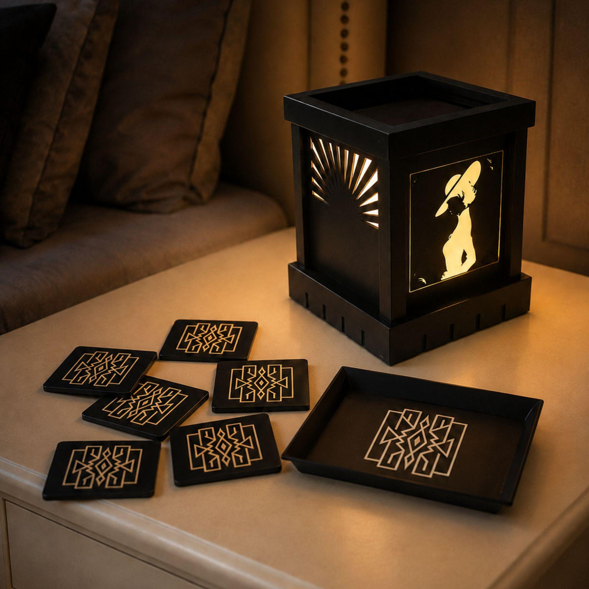 Parisian Glam Nightlight Set | Art Deco Dimmable Noir Lamp, Lattice Tray & Coasters | Romantic Bedroom Gift