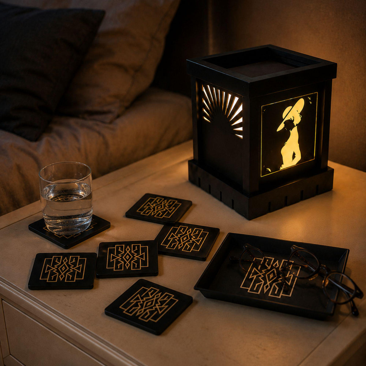 Parisian Glam Nightlight Set | Art Deco Dimmable Noir Lamp, Lattice Tray & Coasters | Romantic Bedroom Gift