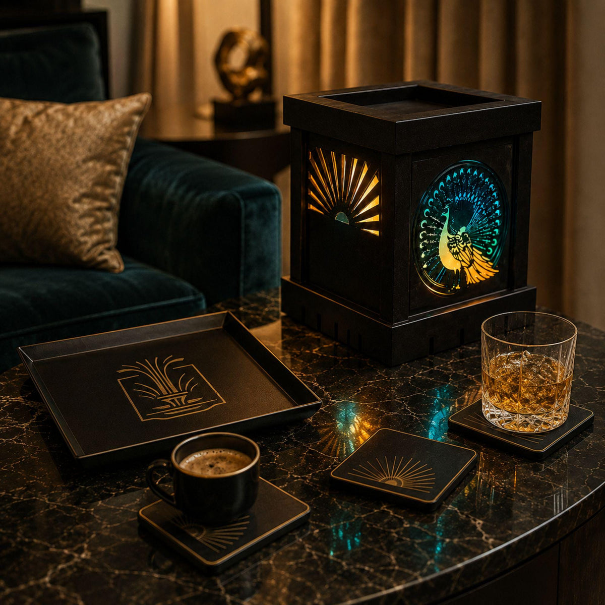 Art Deco Peacock Lamp Set | Three Tone Statement Lighting Bundle | Fountain Tray & Starburst Coasters | Glam Living Room Gift