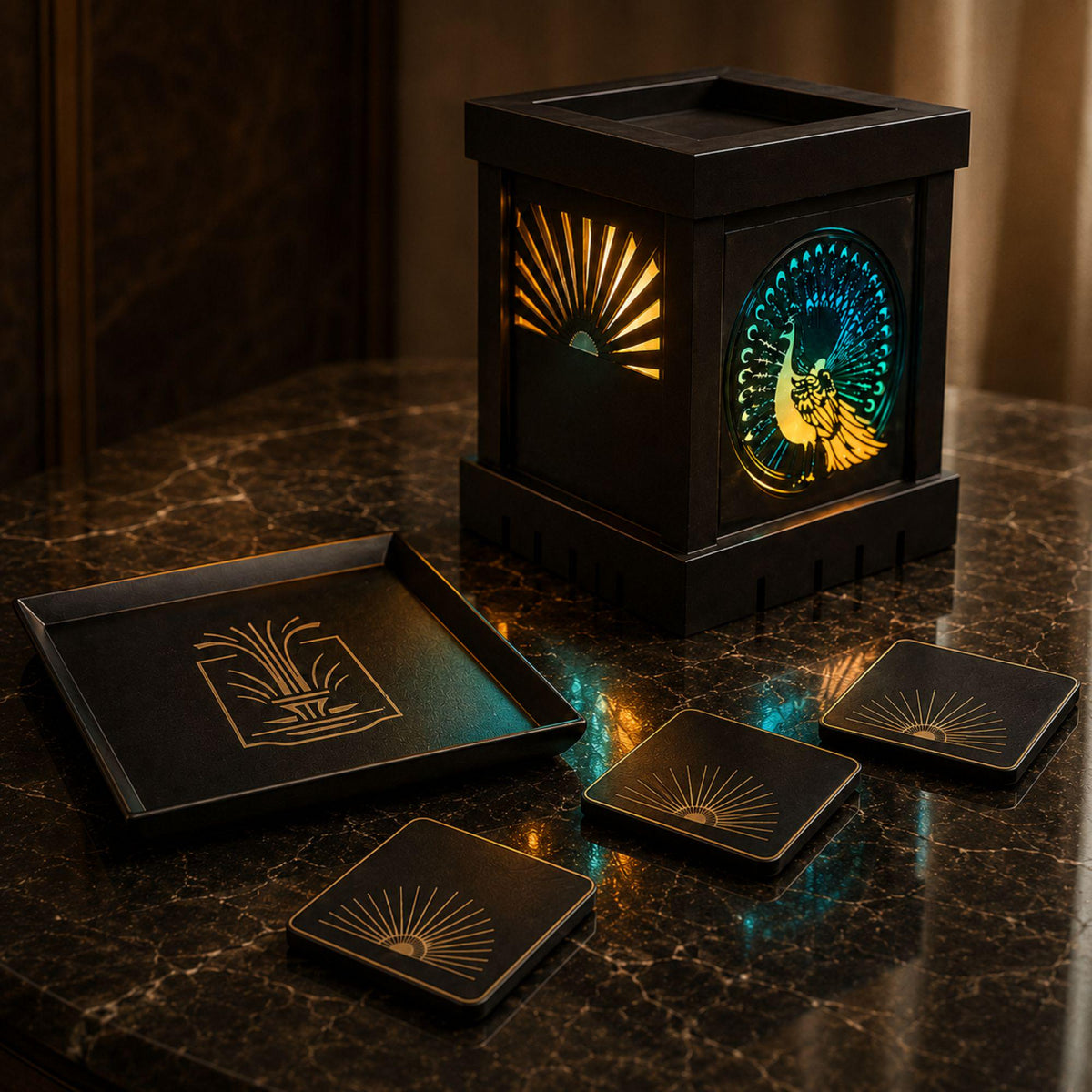 Art Deco Peacock Lamp Set | Three Tone Statement Lighting Bundle | Fountain Tray & Starburst Coasters | Glam Living Room Gift