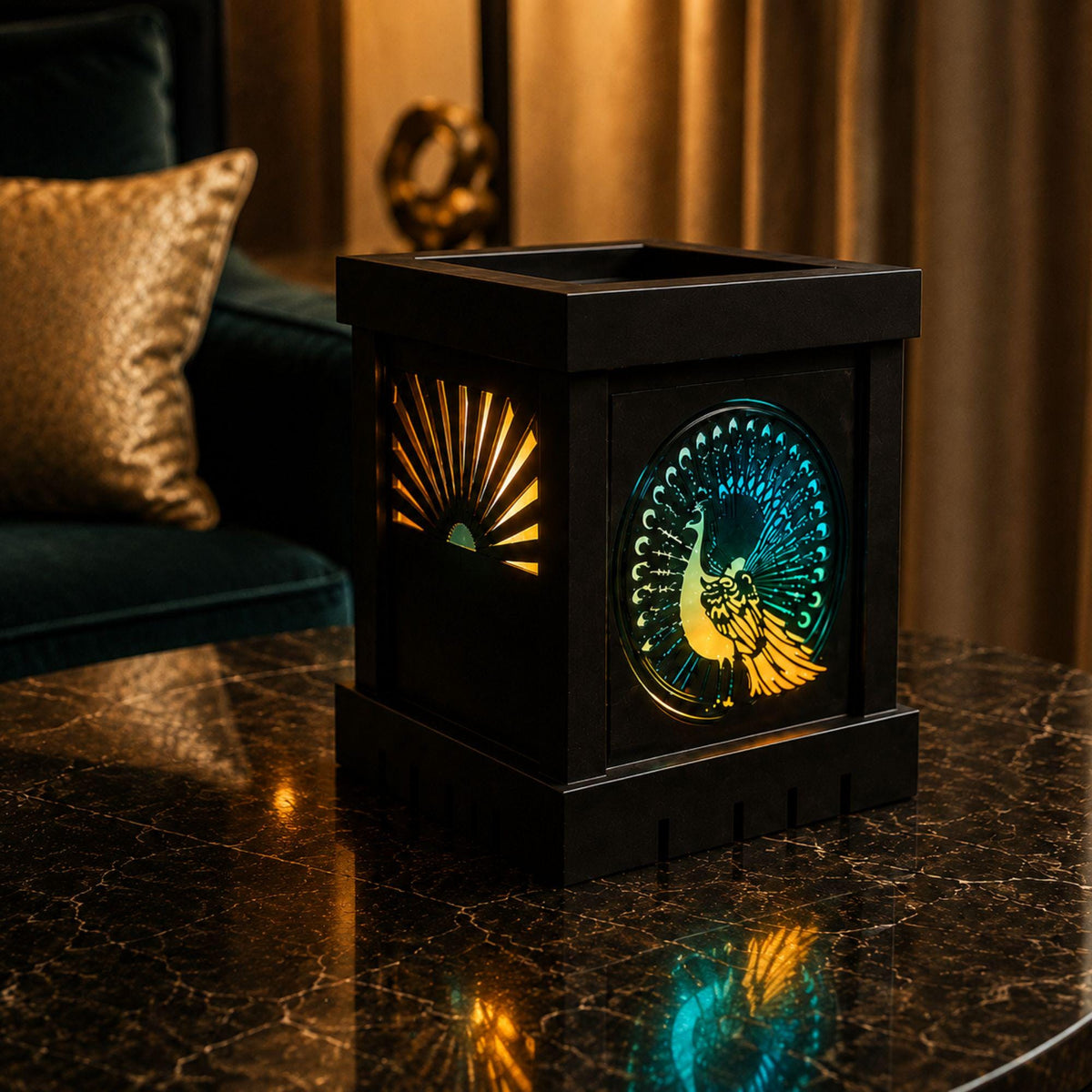 Art Deco Peacock Lamp Set | Three Tone Statement Lighting Bundle | Fountain Tray & Starburst Coasters | Glam Living Room Gift