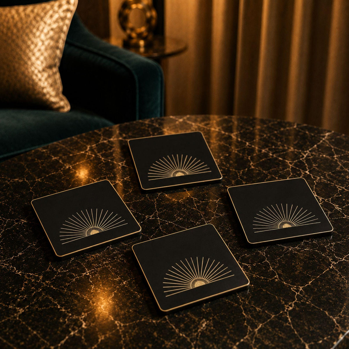 Art Deco Peacock Lamp Set | Three Tone Statement Lighting Bundle | Fountain Tray & Starburst Coasters | Glam Living Room Gift
